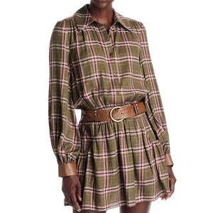 Ramy Brook Plaid Shirt Mini Dress with Brown Belt